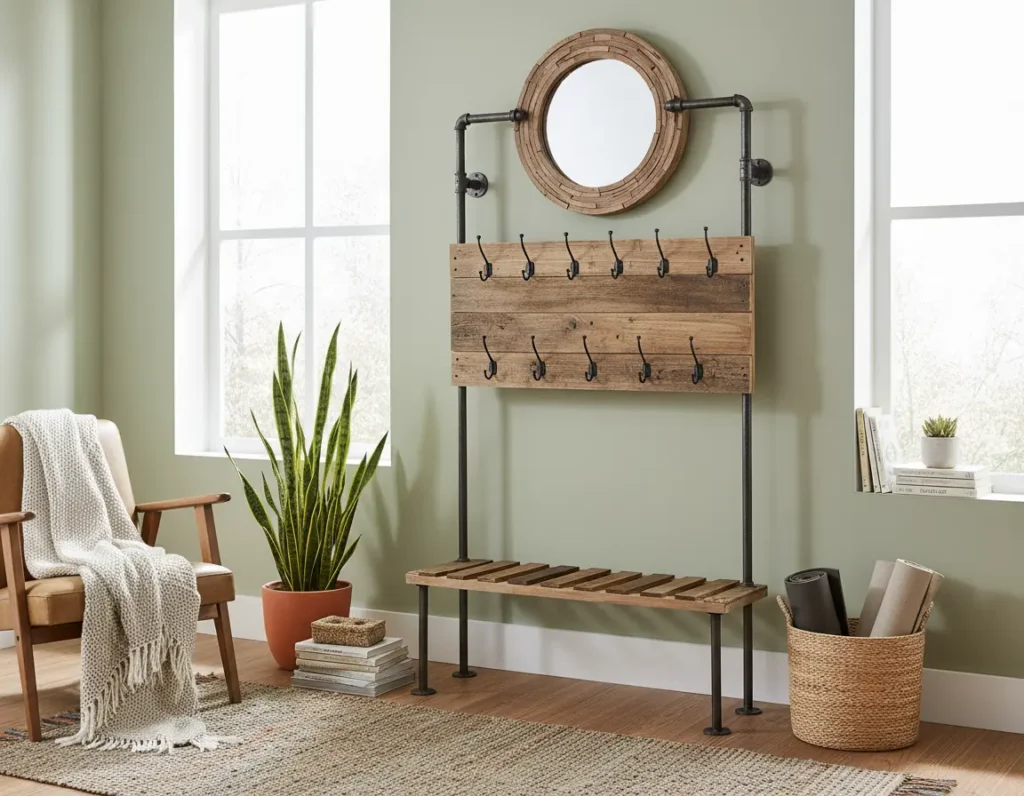 Porte-manteau industriel en métal et bois