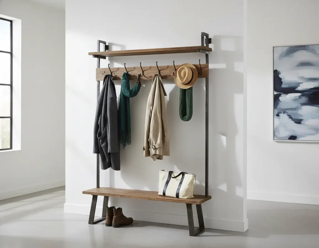Porte-manteau industriel en métal et bois
